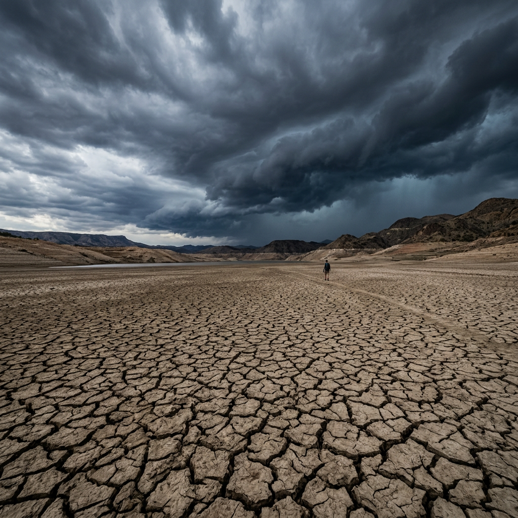 Dry cracked desert ground with person walking under dark stormy sky